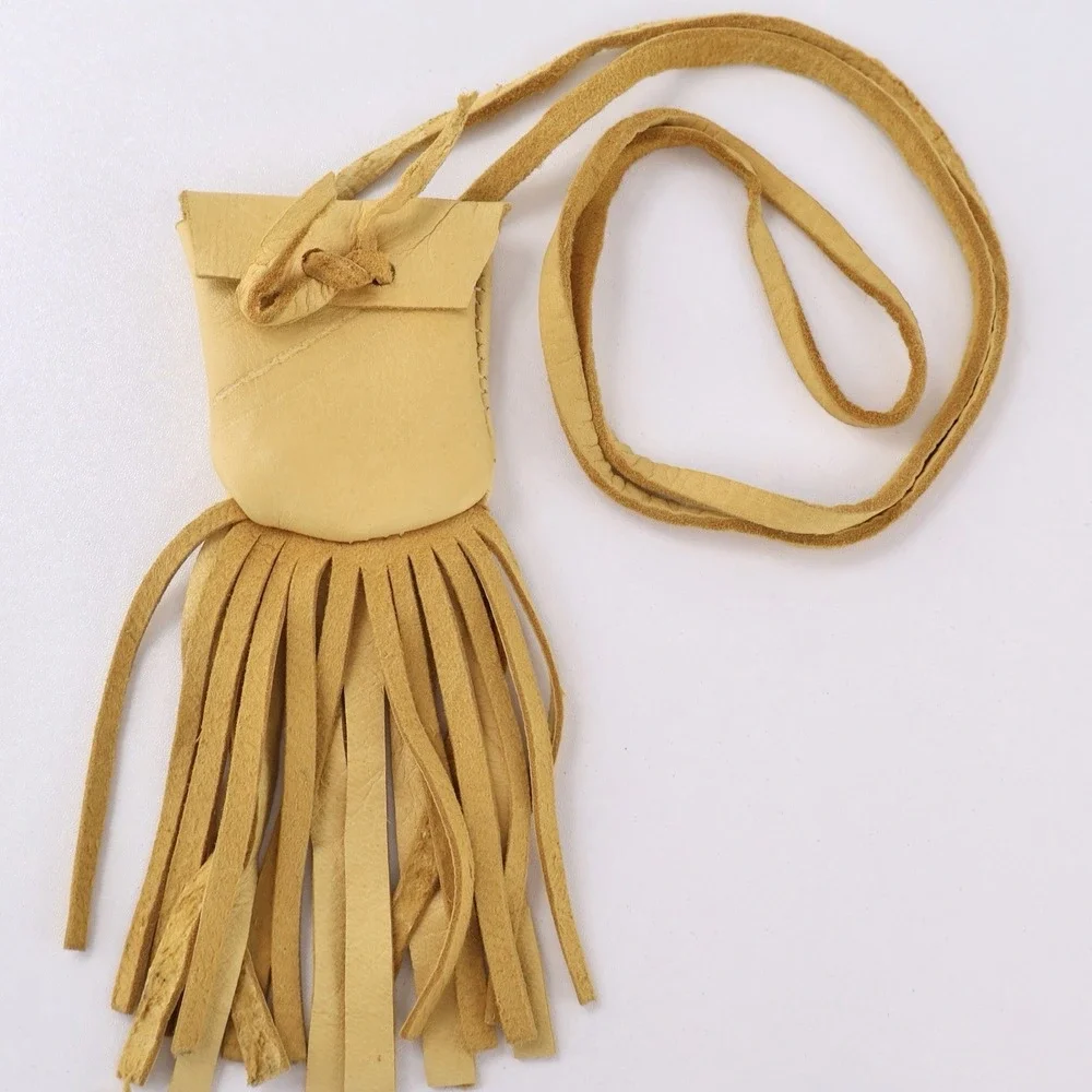 Handmade Buckskin Leather Medicine Bag Necklace Fringed Pouch Tan Leather 19